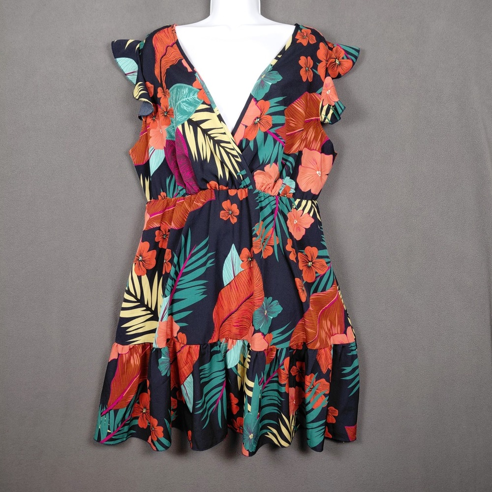 Tropical Floral V-Neck Ruffle Mini Dress Flutter Sleeve Tie Back High Waist ?Lg? - Picture 5 of 14